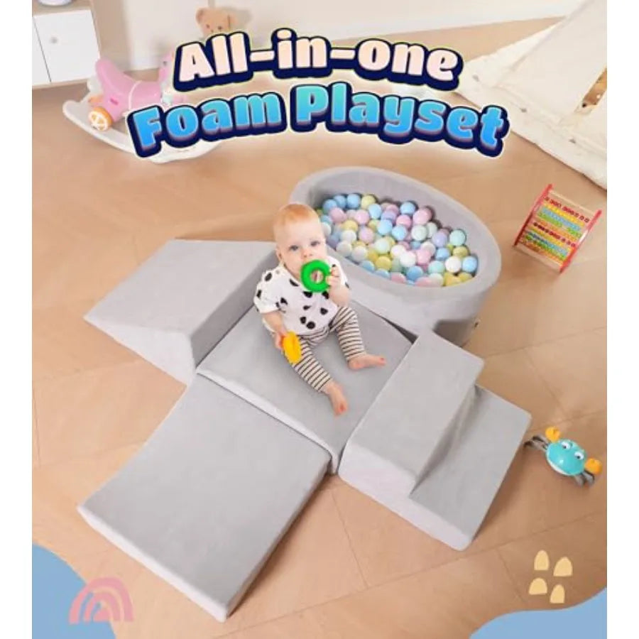 Foam Climbing Blocks with Ball Pit for Toddlers 1-3 Years - Indoor Crawling Active Play Set - Grey
