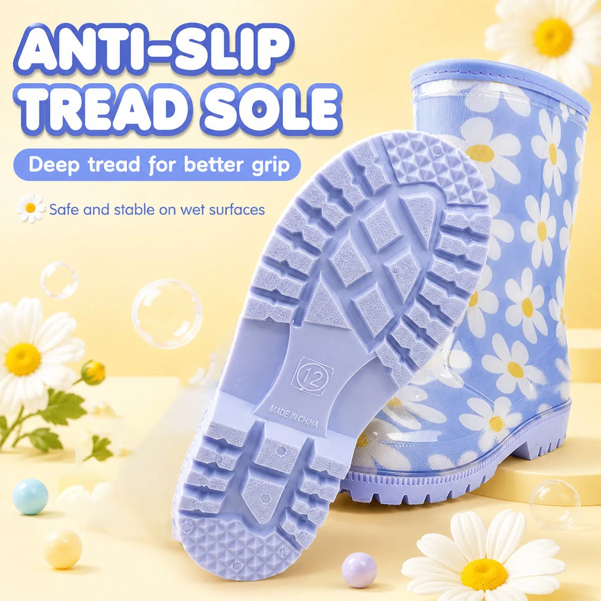 Kids Rain Boots With Fresh Daisy Print, Thickened Anti-slip Sole, Easy to Put On & Take Off, Water Shoes for Baby Outdoor Adventures