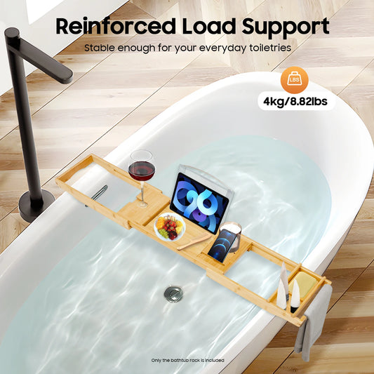 Bamboo Bathtub Tray Expandable Bathroom Tray with Reading Rack or Tablet Holder, Premium Bath Tray Includes a Wine Glass Holder