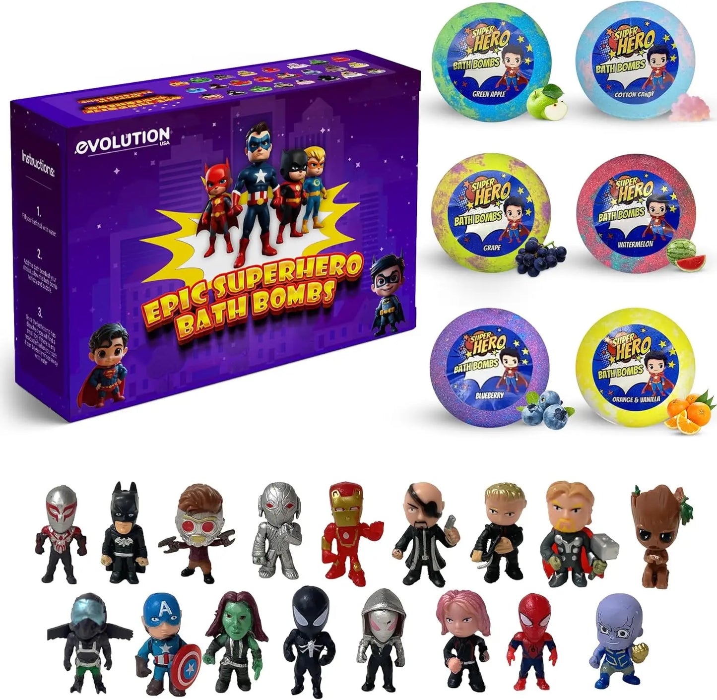 Superhero Bath Bombs for Kids, 6 Pack Organic Bathbomb with Surprise Toy Inside, Epic Fizz Fun Gift for Boys Girls