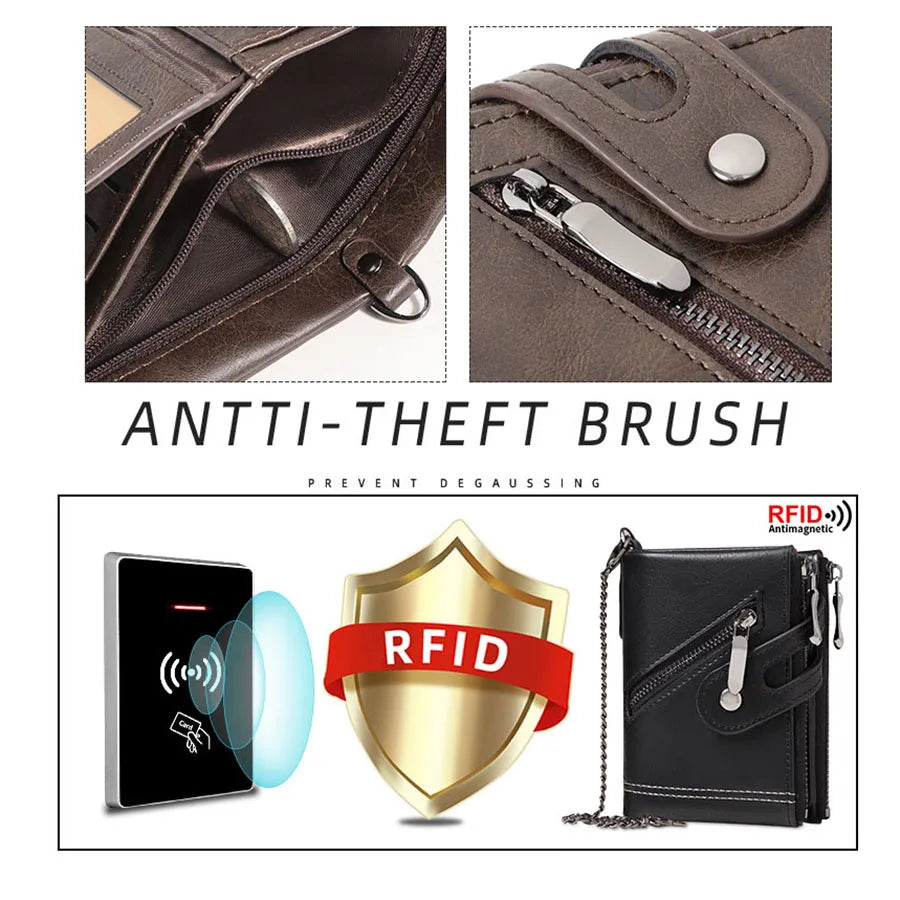 Men's Chain Wallet RFID Anti-Theft Men's Retro Leather Wallet Double Zipper Coin Purse Credit Card Holder for Men and Women