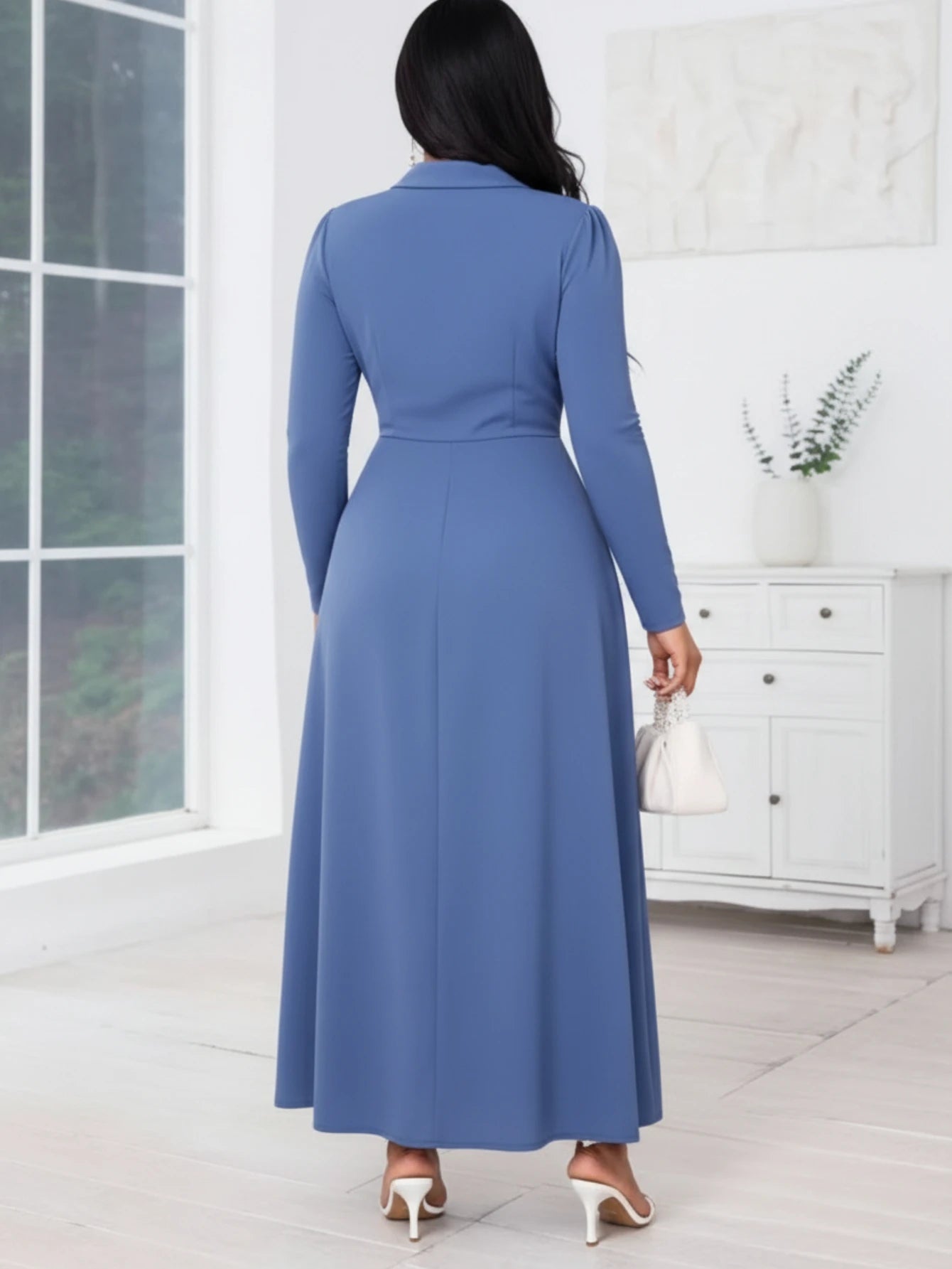Women's Lapel Long Sleeve Ruched Button Formal Midi Dress