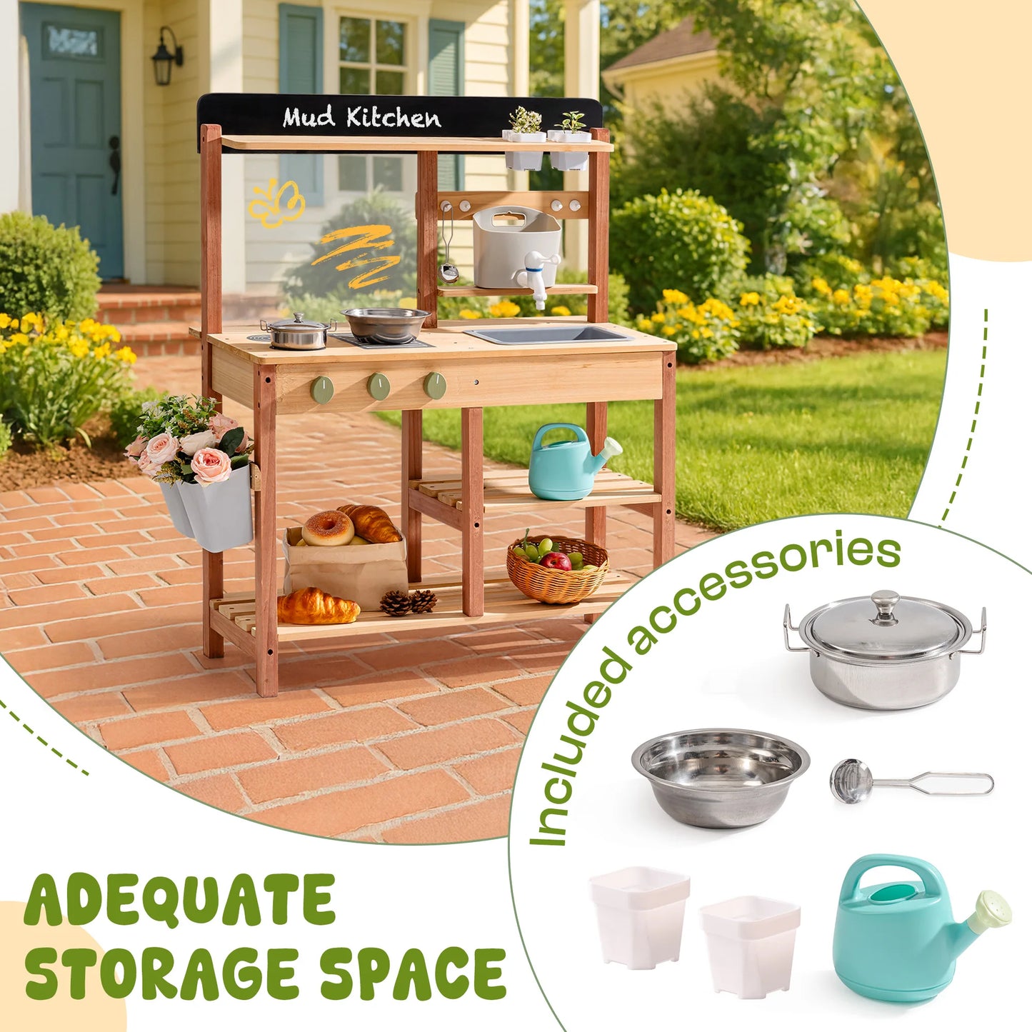 Robud Montessori Mud Kitchen Wooden Outdoor Play Kitchen with Sink Storage Develops Fine Motor Skills Ideal Gift for Kids Age 3+