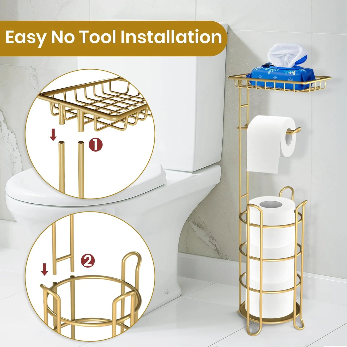 Freestanding Bathroom Toilet Paper Holder Stand With Storage Shelf