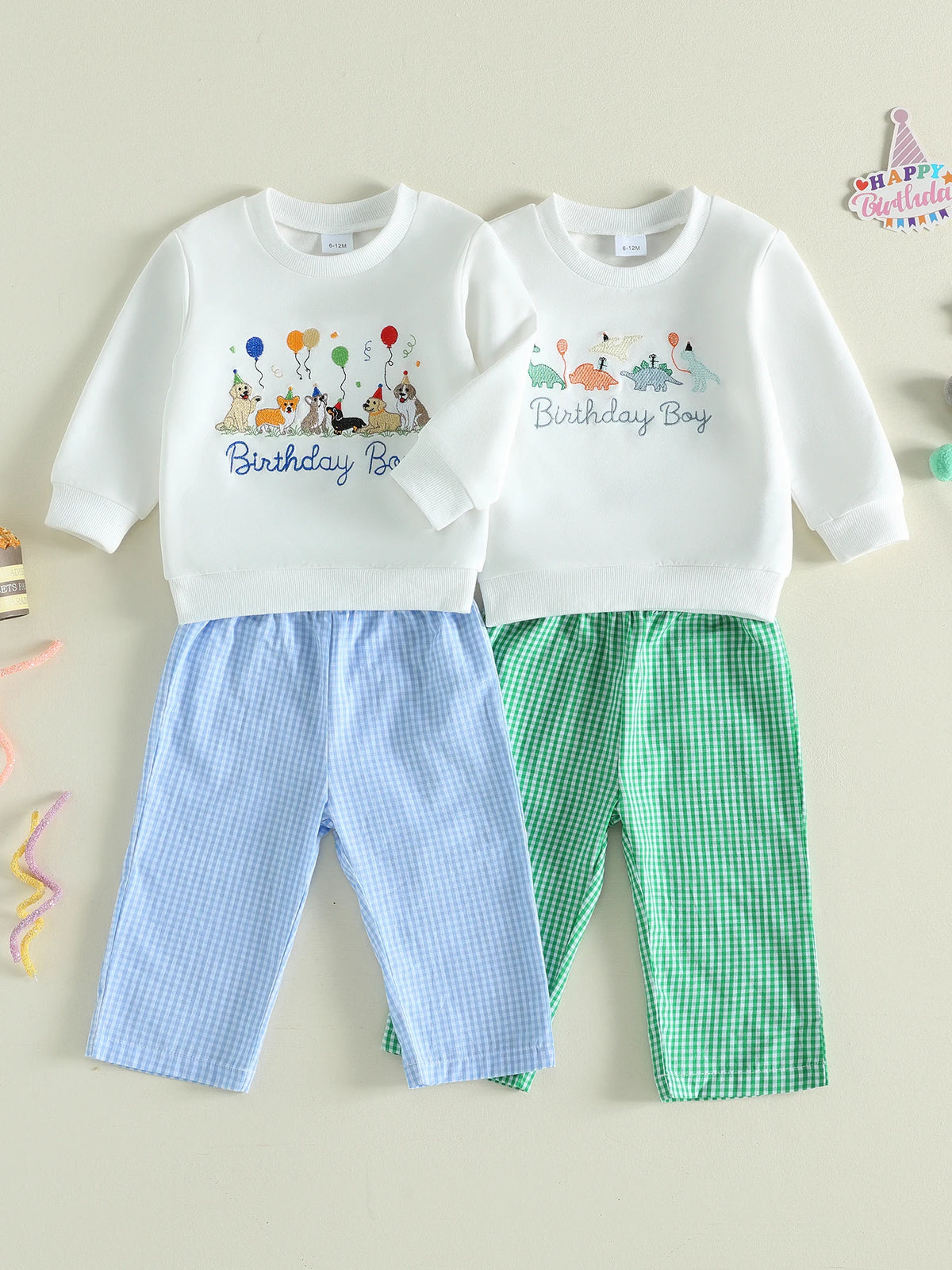Tops Long Sleeve Dinosaur Embroidery Birthday Tops Plaid Pants Embroidery-Tops Boys High Quality Boys Birthday Outfit