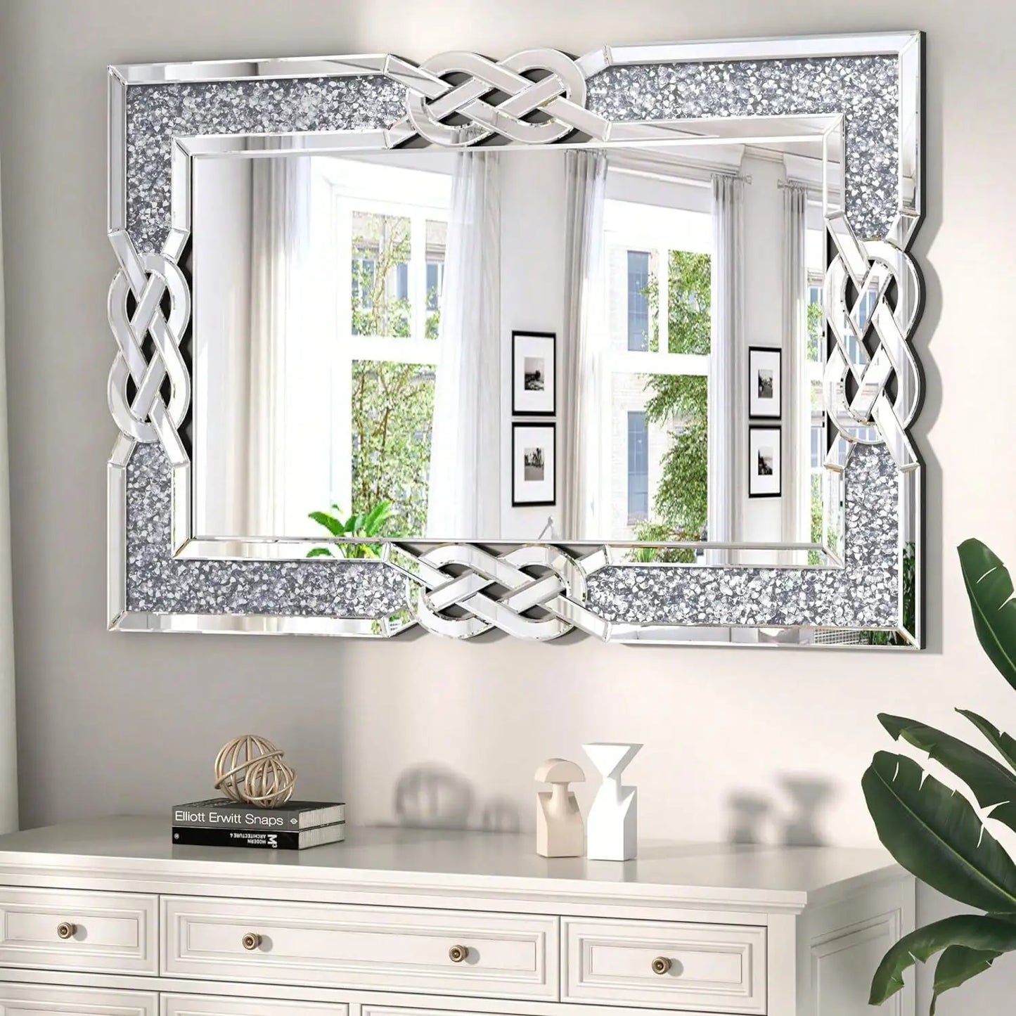 Crystal Diamond Accent Wall Mirror For Living Room Decor