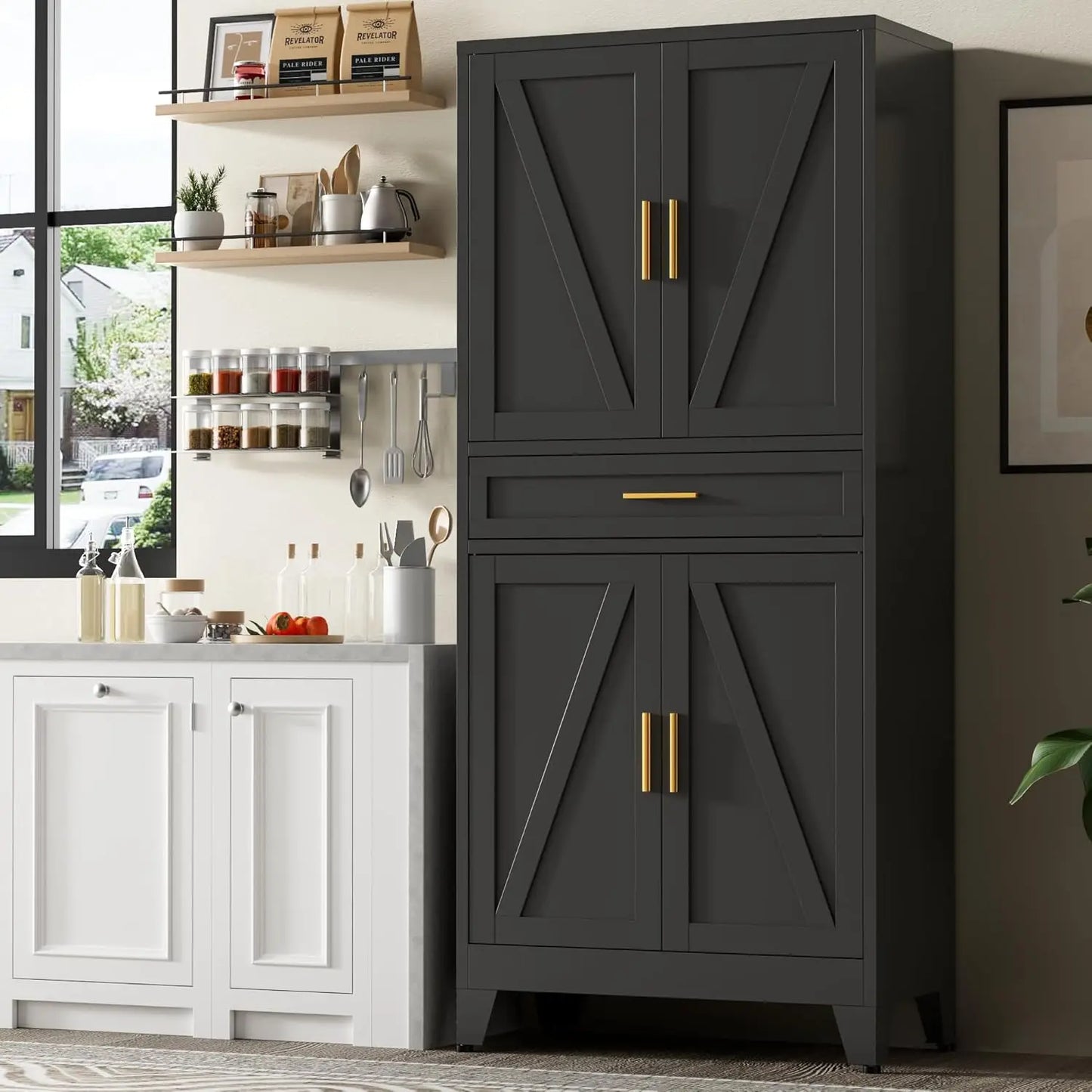 Metal Storage Cabinet With Drawer And Adjustable Shelves Farmhouse Pantry