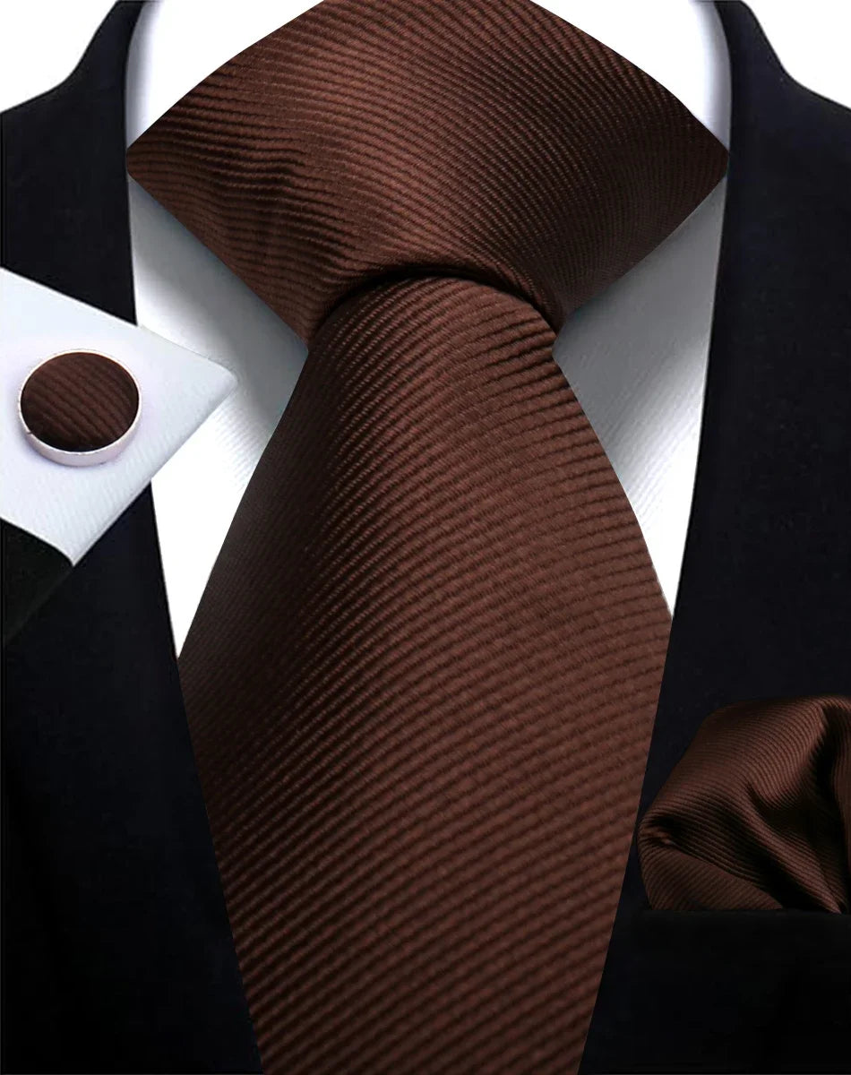 Solid Necktie Set With Handkerchief And Cufflinks For Men