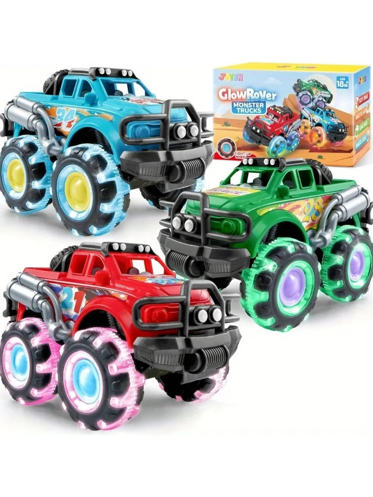 JOYFY 3Pack Kids Monster Truck Toy with Flashing LED Wheels Light-Up Cars for Toddlers Birthday Christmas Gift Friction-Powered