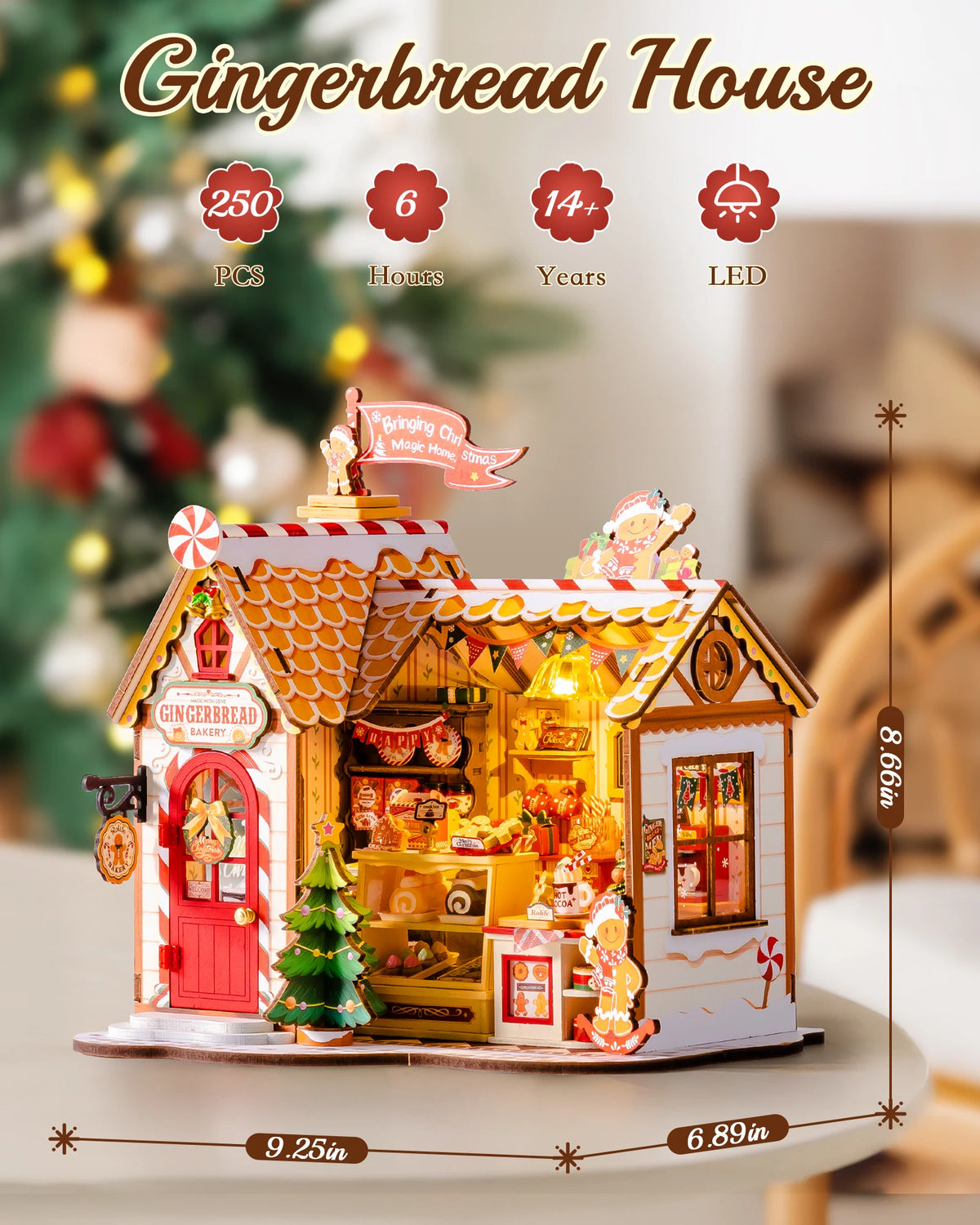 Rolife Gingerbread House DIY Miniature Dollhouse Wooden 3D Puzzle Model Building Kit with LED Light for Christmas Home Decor Gift for Adults Friends