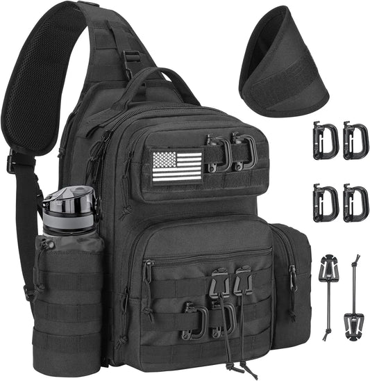 Tactical Sling Bag for Men, Detachable Molle Backpack with Bottle Holder, Hidden Pocket, EDC Hiking Daypack, Black