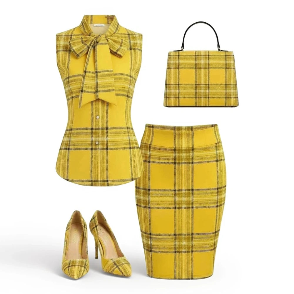 Women Bow‑Knot Stand Collar Sleeveless Plaid Top And High Waist Pencil Skirt Two‑Piece Outfit Business Office Casual Matching Suit