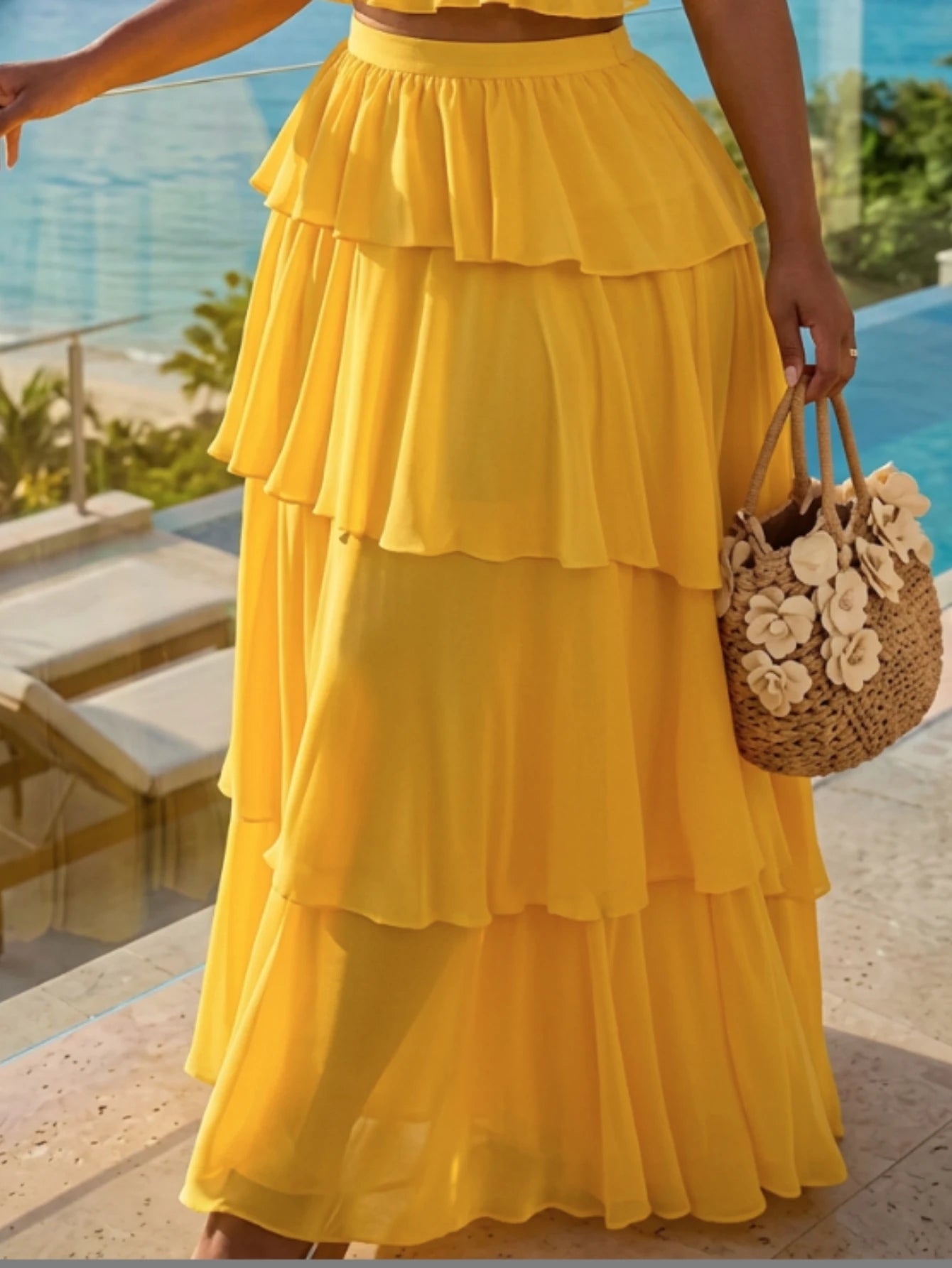 Women Plus Size Halter Neck Ruffle Crop Top + High Waist Tiered Long Skirt Set Elegant Layered Detail Outfit For Beach Vacation Party Occasion