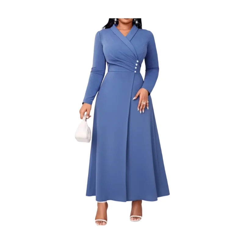 Women's Lapel Long Sleeve Ruched Button Formal Midi Dress