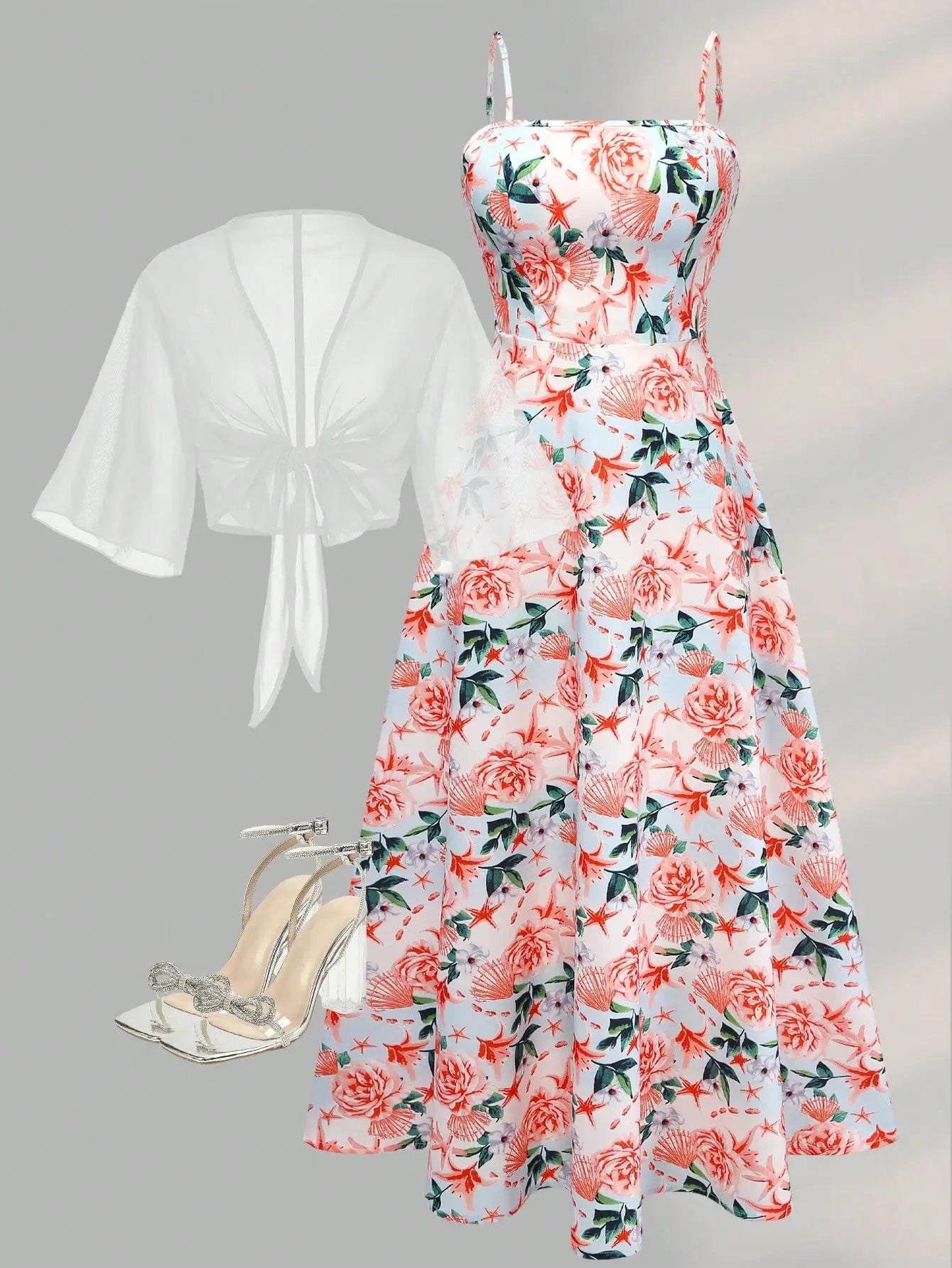 2 Pieces Women's Floral Chiffon Dress Elegant Romantic Date Outfit Spring Summer