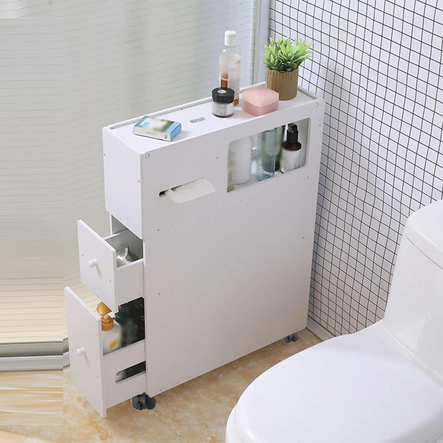 Bymaocar Toilet Slim Bathroom Storage Cabinet With Wheels And Drawers