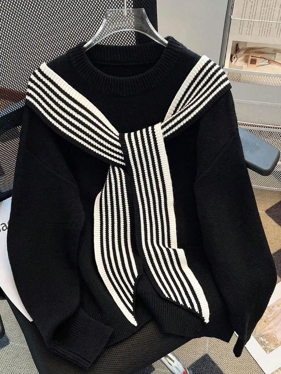 Womens Red Loose Knit Sweater With Striped Scarf Collar Casual Long Sleeve Crew Neck Autumn Winter