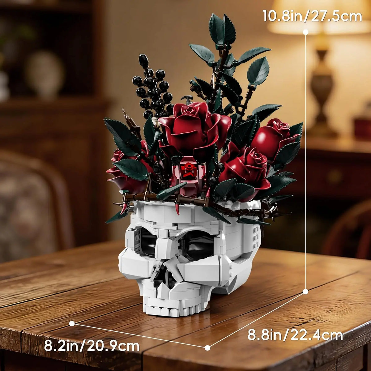 Gothtic Skull Flowers Roses Building Blocks Set for Adults, Horror Skeleton with Red Bouquet Botanical Collection Home Art Decor Gift for Women Girls Halloween Valentine's Day for Adult 1107pcs