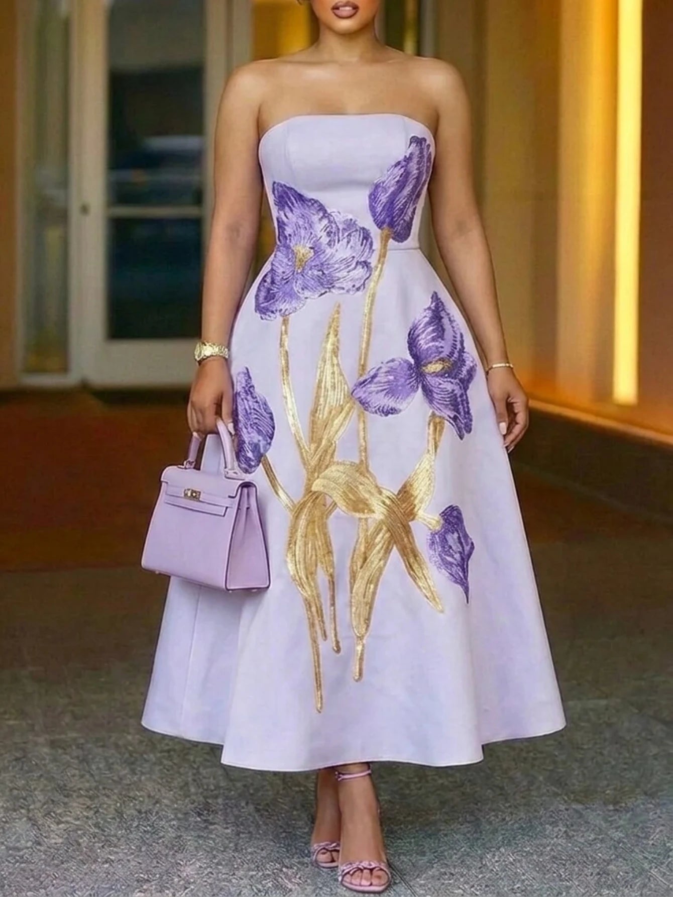 Women's Strapless Printed Flared Midi Dress For Wedding Guest Evening Formal Banquet Elegant Fashion Occasions