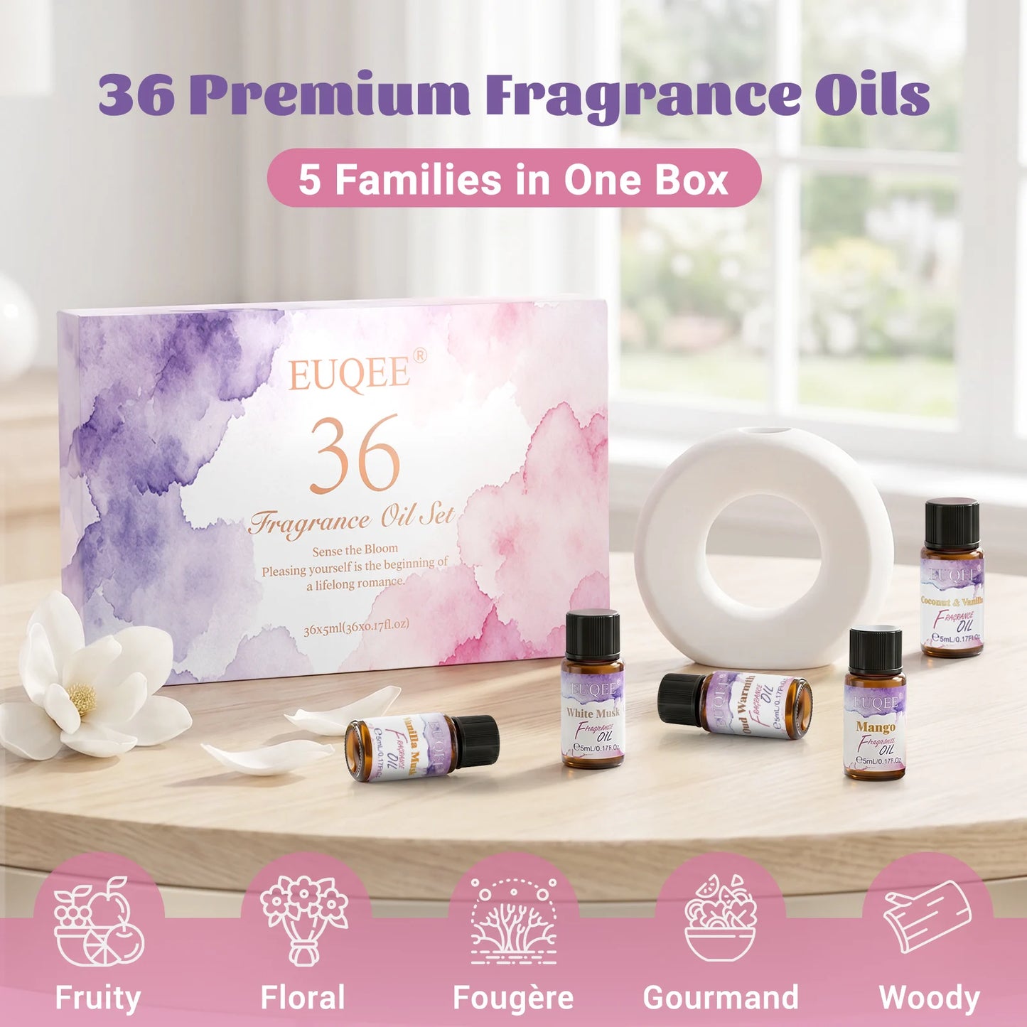 EUQEE 36 Bottles Fragrance Oils Gift Set-5ml Strawberry Cherry Peach Mango Coconut & Vanilla Coconut Fragrance Oil 36pcs/set Aroma Oils For Diffuser Candle Making