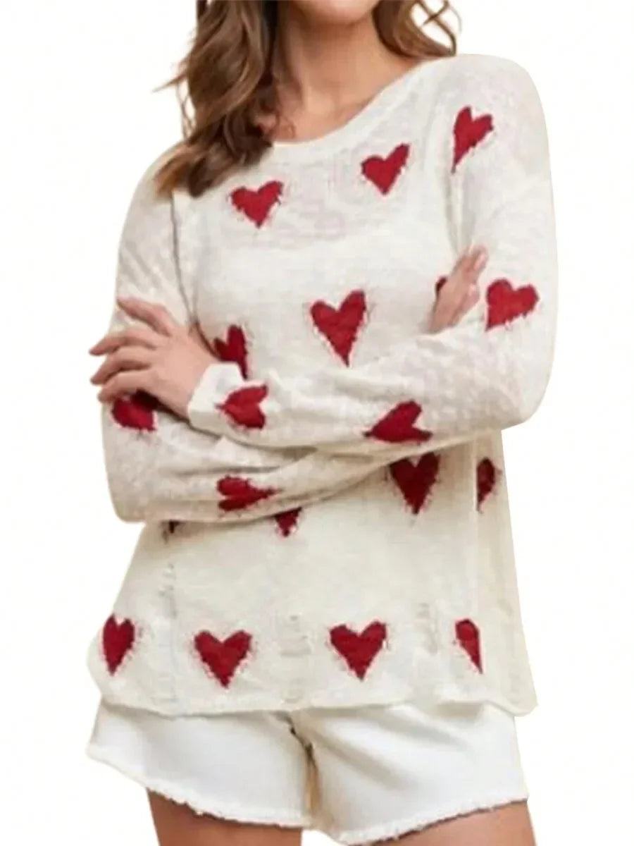 Women Casual Heart Print Ripped Knit Long Sleeve Pullover Sweater For Fall Streetwear