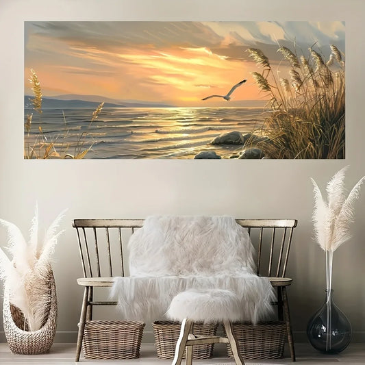Sunset Beach Art canvas printed seascape painting, interior decorative painting poster, 1.5 inch thick pine solid wood frame