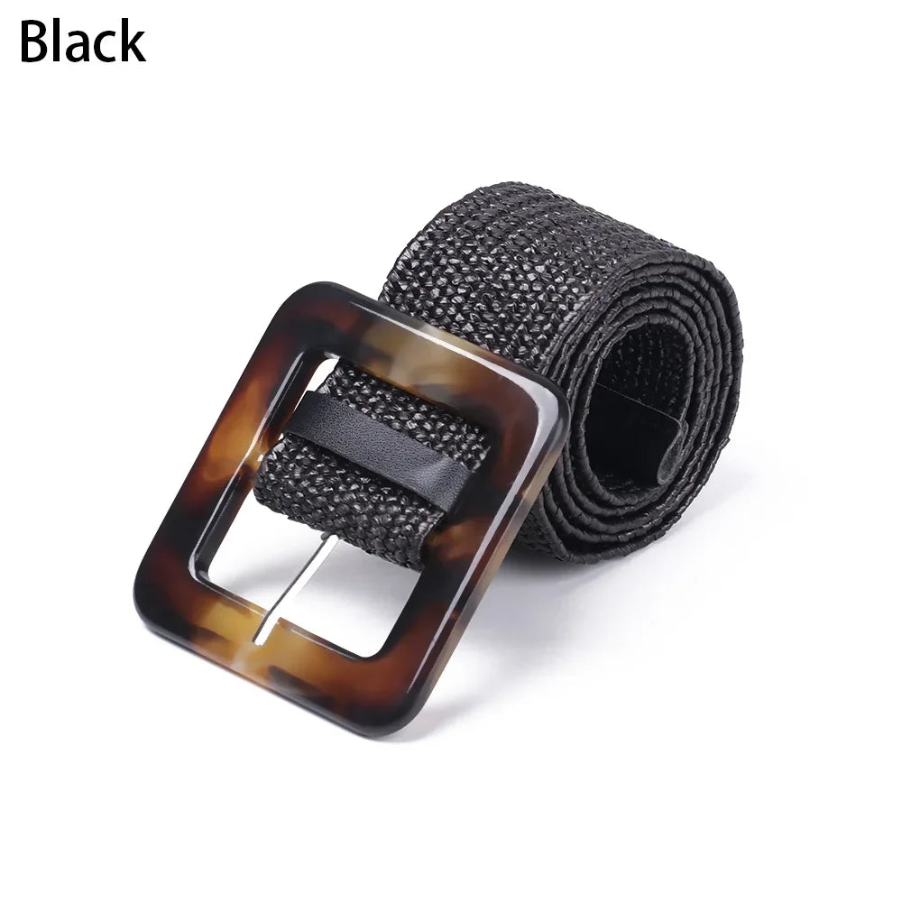 Women Straw Belt With Wooden Buckle And Elastic Waist Chain