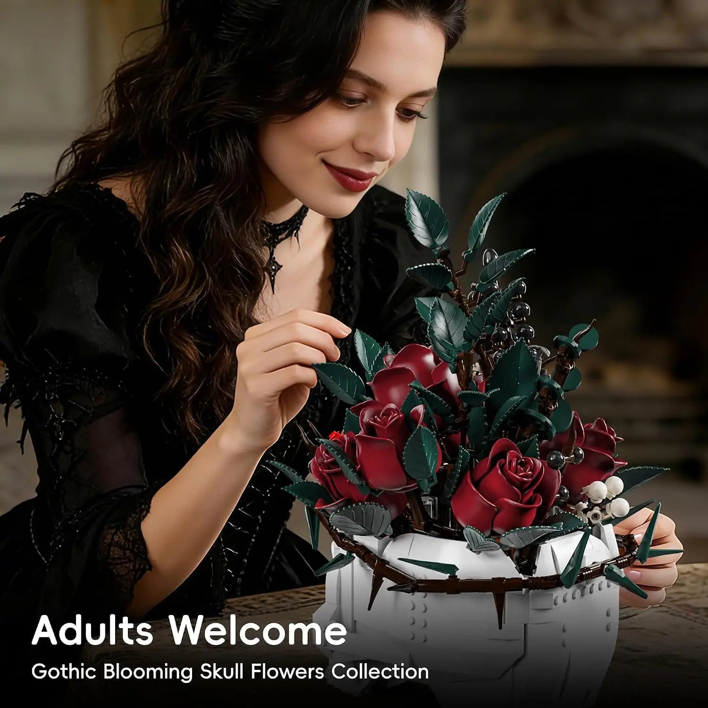 Gothtic Skull Flowers Roses Building Blocks Set for Adults, Horror Skeleton with Red Bouquet Botanical Collection Home Art Decor Gift for Women Girls Halloween Valentine's Day for Adult 1107pcs