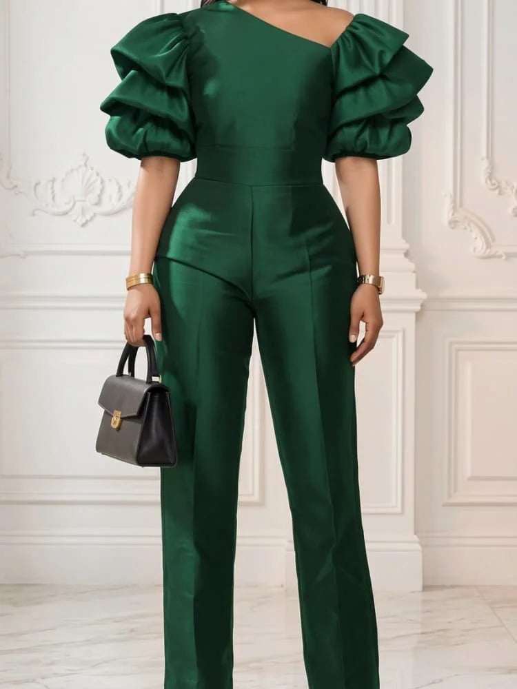 Autumn Winter Women One Shoulder Puff Sleeve Jumpsuit High Waist Straight Leg Jumpsuit For Party Banquet Formal Event Attire