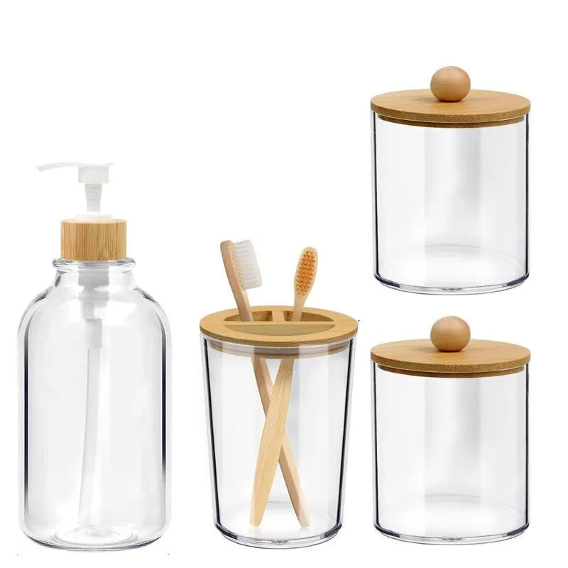 4Pcs Bamboo Bathroom Accessories Set, Clear Toothbrush Holder Plastic Soap Dispenser and 2 Qtip Holder Cotton Swab/Pad/Ball Container Jar