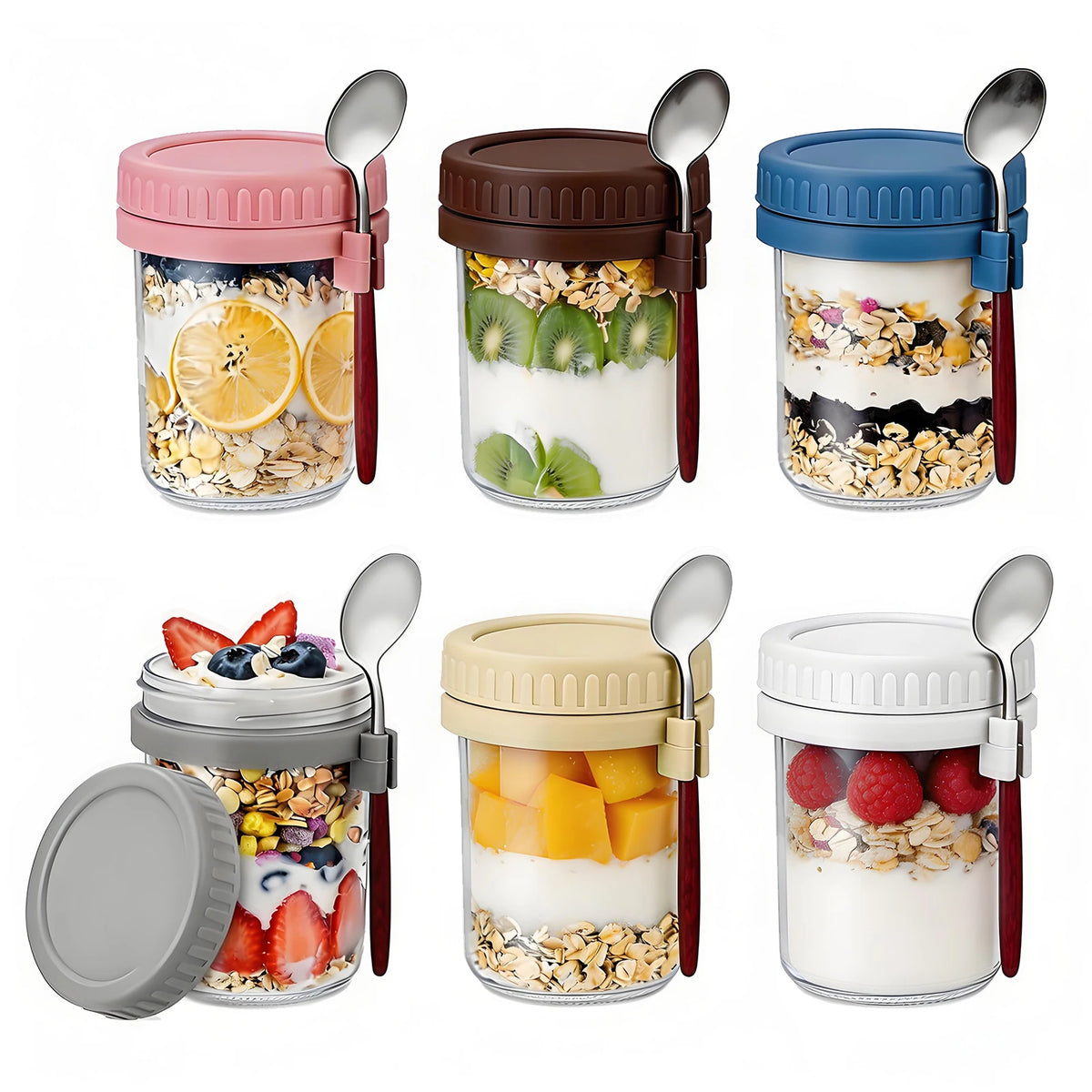 16oz Overnight Oats Jars with Lid and Spoon, Leak Proof Glass Breakfast Cup with Measurement, Portable Yogurt Cereal Container for Travel Office