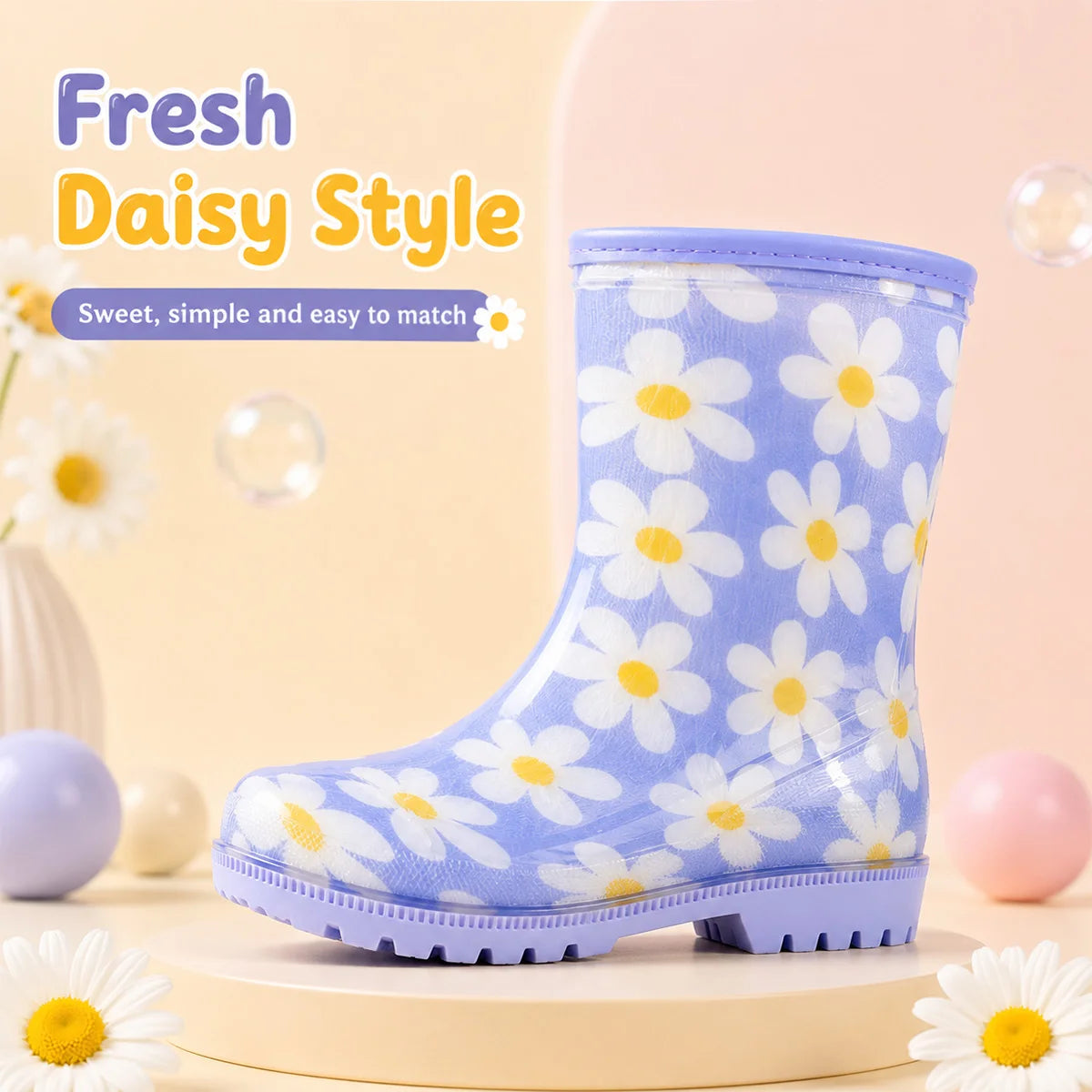 Kids Rain Boots With Fresh Daisy Print, Thickened Anti-slip Sole, Easy to Put On & Take Off, Water Shoes for Baby Outdoor Adventures