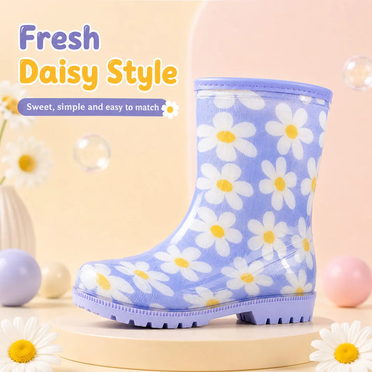Kids Rain Boots With Fresh Daisy Print, Thickened Anti-slip Sole, Easy to Put On & Take Off, Water Shoes for Baby Outdoor Adventures