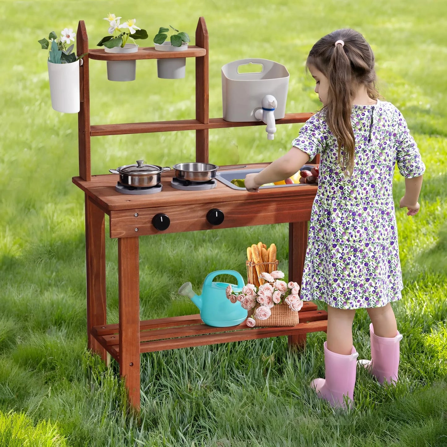 Robud Wooden Outdoor Mud Kitchen with Sink Stoves Gardening Tools Realistic Backyard Fun Unique Birthday Gift for Ages 3+