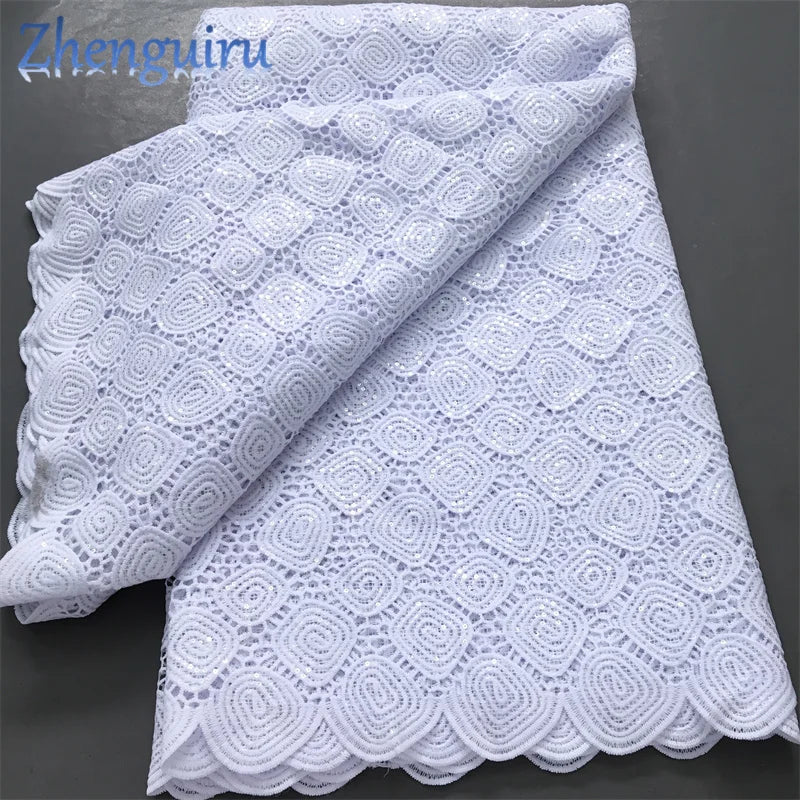 Pure White Nigerian Guipure Lace Fabric Water Soluble African Sequin Cord