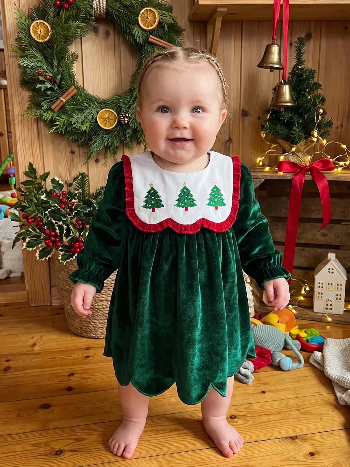 Girl Christmas Toddler-Baby Crew Toddler Baby Girl Dress Embroidery Baby Baby Girl Toddler Baby Girl