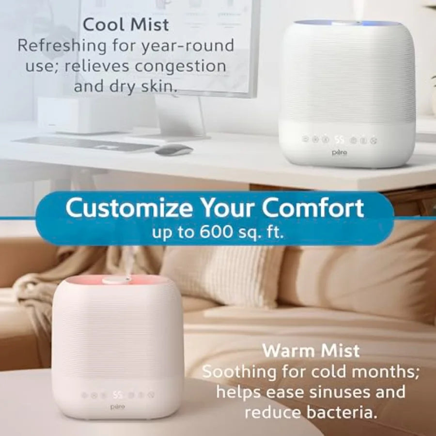 Home use humidifier, ABS plastic, white, top-fill design with warm cool mist, 2-gal tank, up to 4.5 days runtime, auto humidity