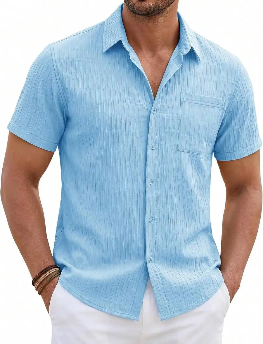 Mens Short Sleeve Button Down Shirt Textured Casual Summer Beach Top With Chest Pocket