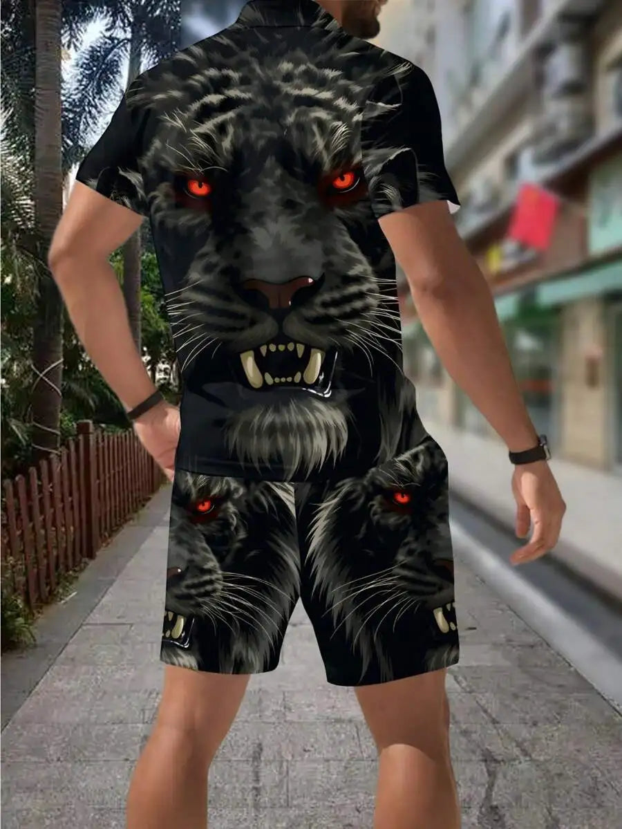 Men's 3D Print  Red Eyes Zipper Polo Shirt & Shorts Set Summer Casual Street Style Beach Vacation Sportswear Men's Fashion For