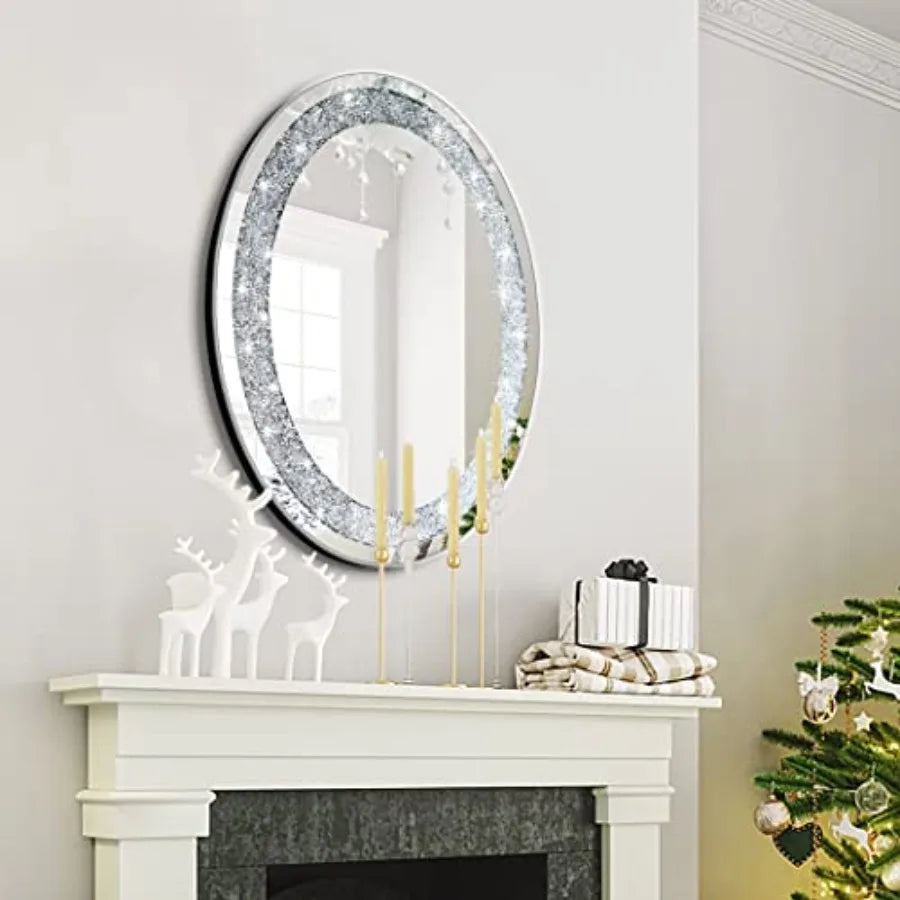 Crushed Crystal Oval Glam Bling Silver Wall Mirror Decoration