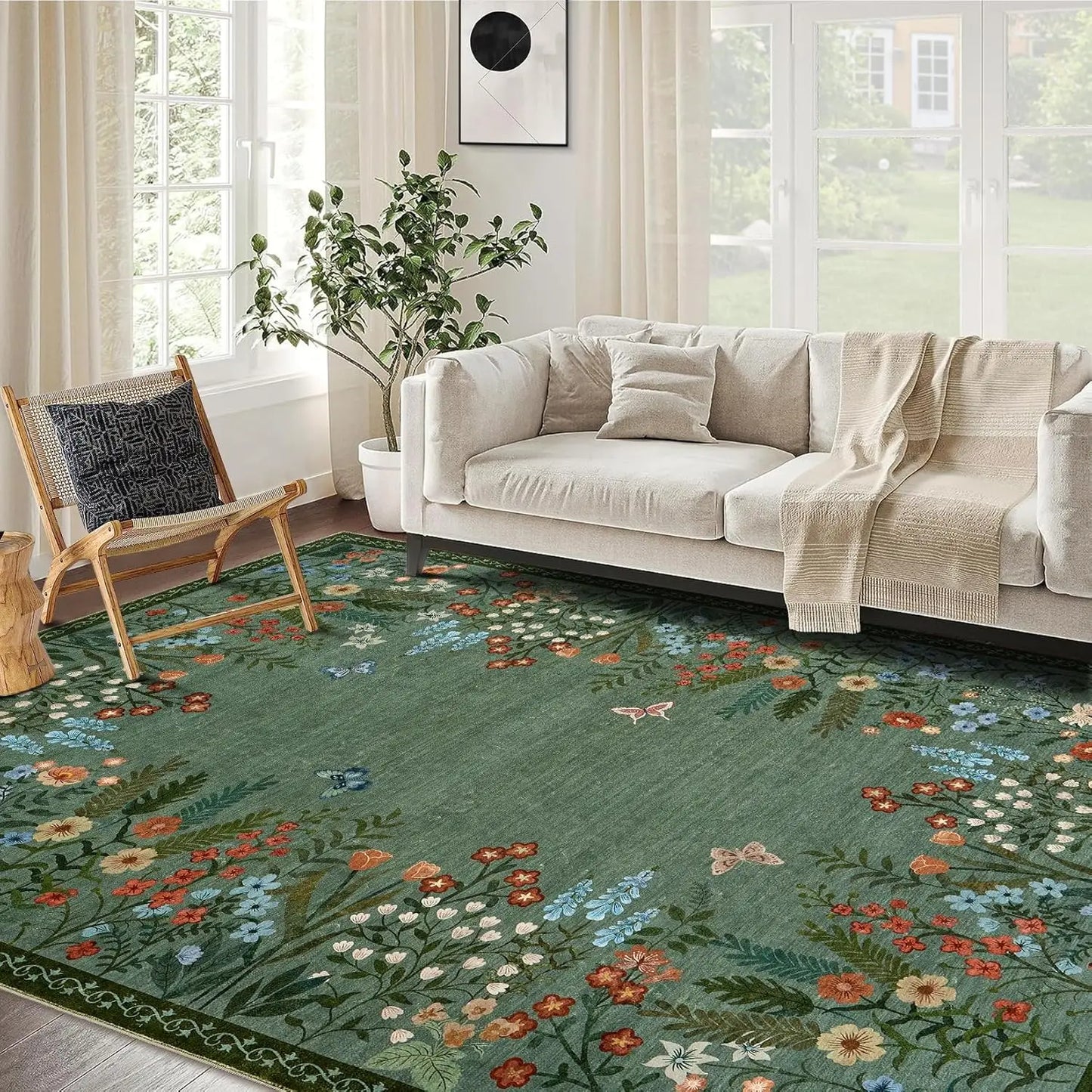 HiMISS Boho Floral Washable Rug For Living Room Non Slip