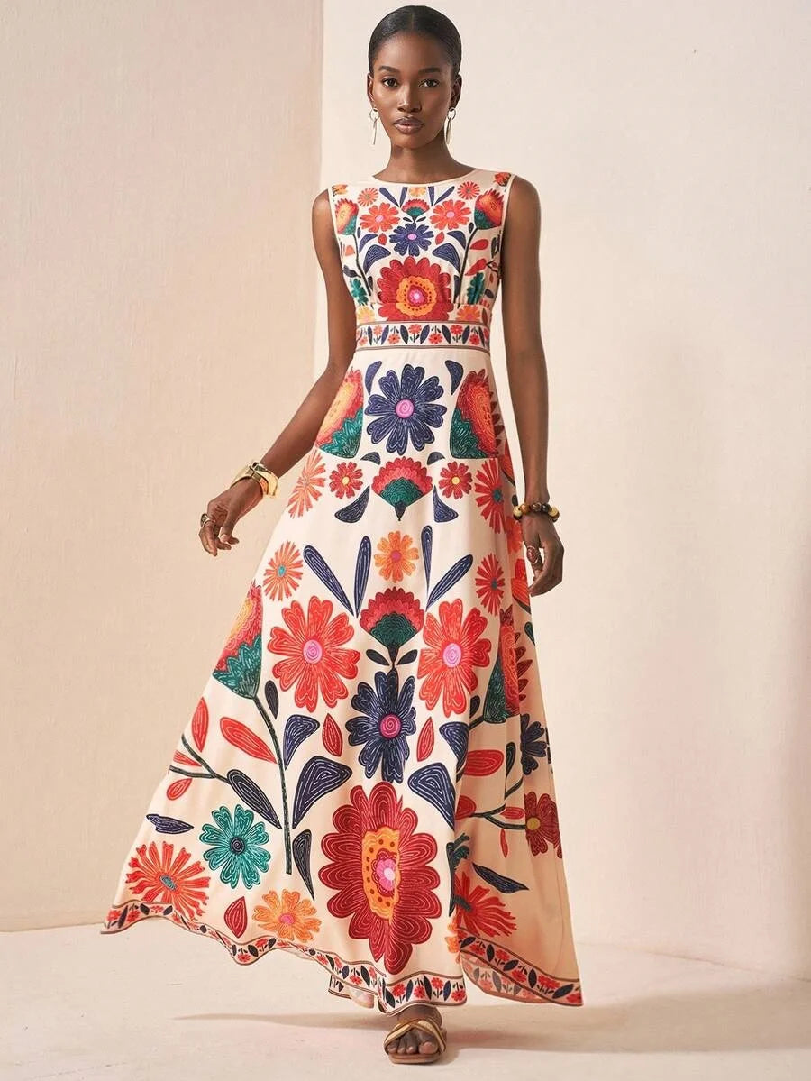 Women Floral Embroidery Sleeveless Maxi Dress Summer Wedding Guest Wear
