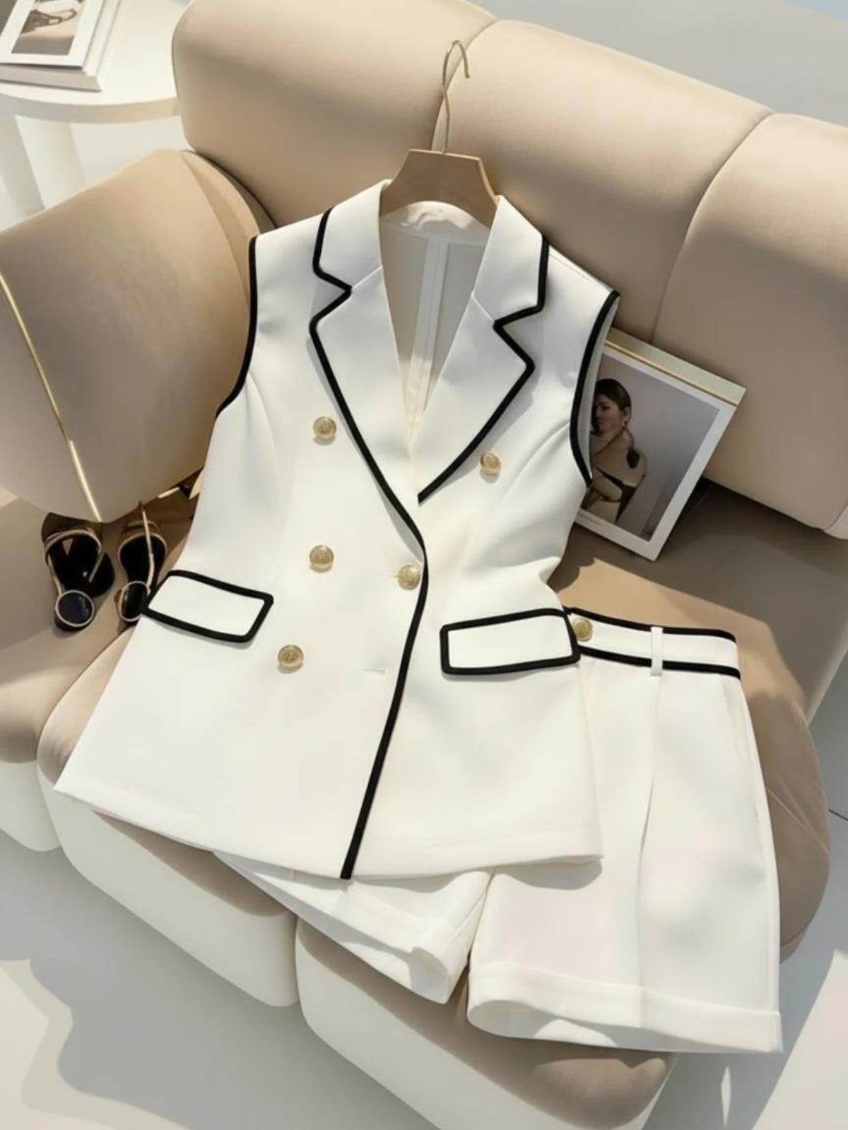 Women Sleeveless Lapel Contrast Trim Waistcoat High Waist Shorts Two‑Piece Business Wedding‑Guest Party Suit