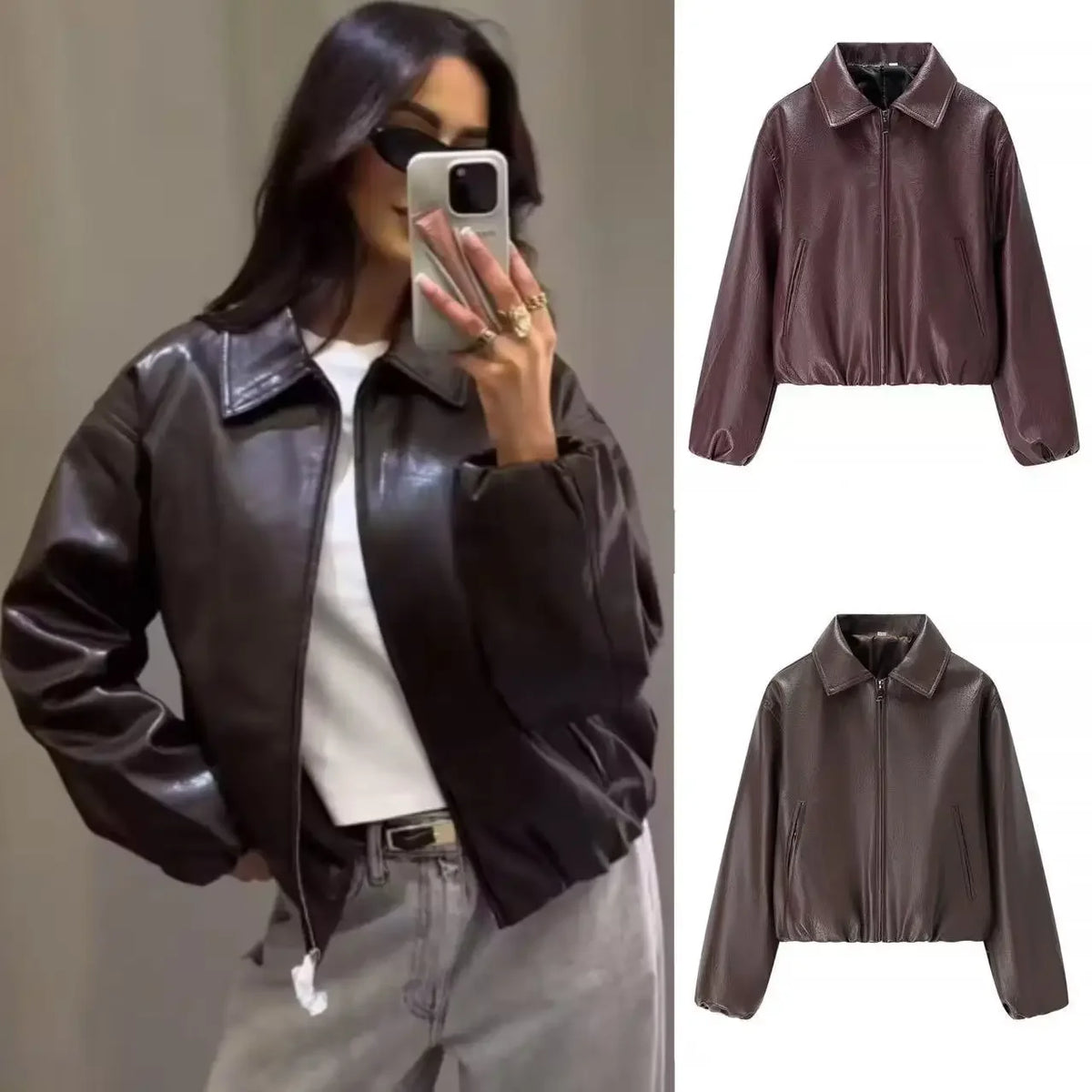 Women's Relaxed Leather Jacket With Long Sleeves And Turn-Down Collar