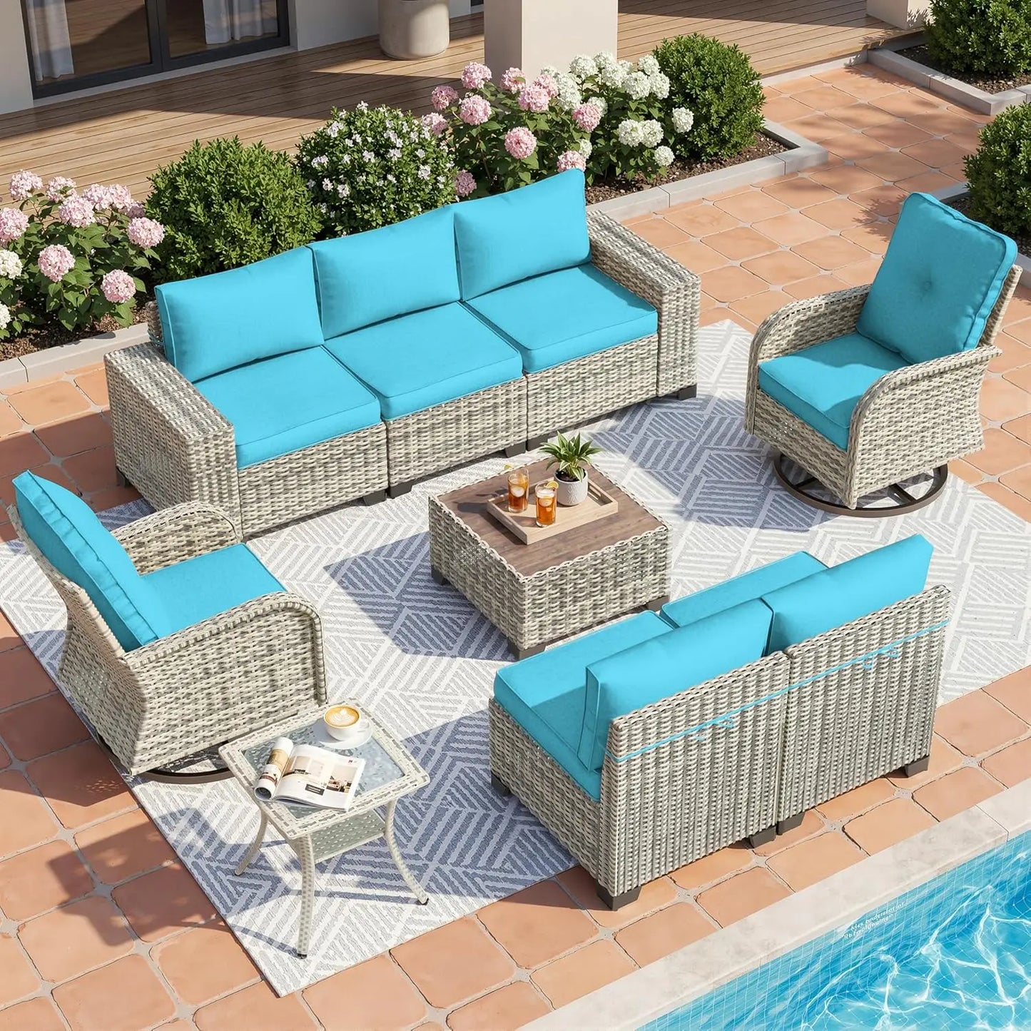 9-Piece Outdoor Patio Furniture Set with Rocking Swivel Chair Wicker Sectional Sofa Set, Patio Conversation Set with, Custom
