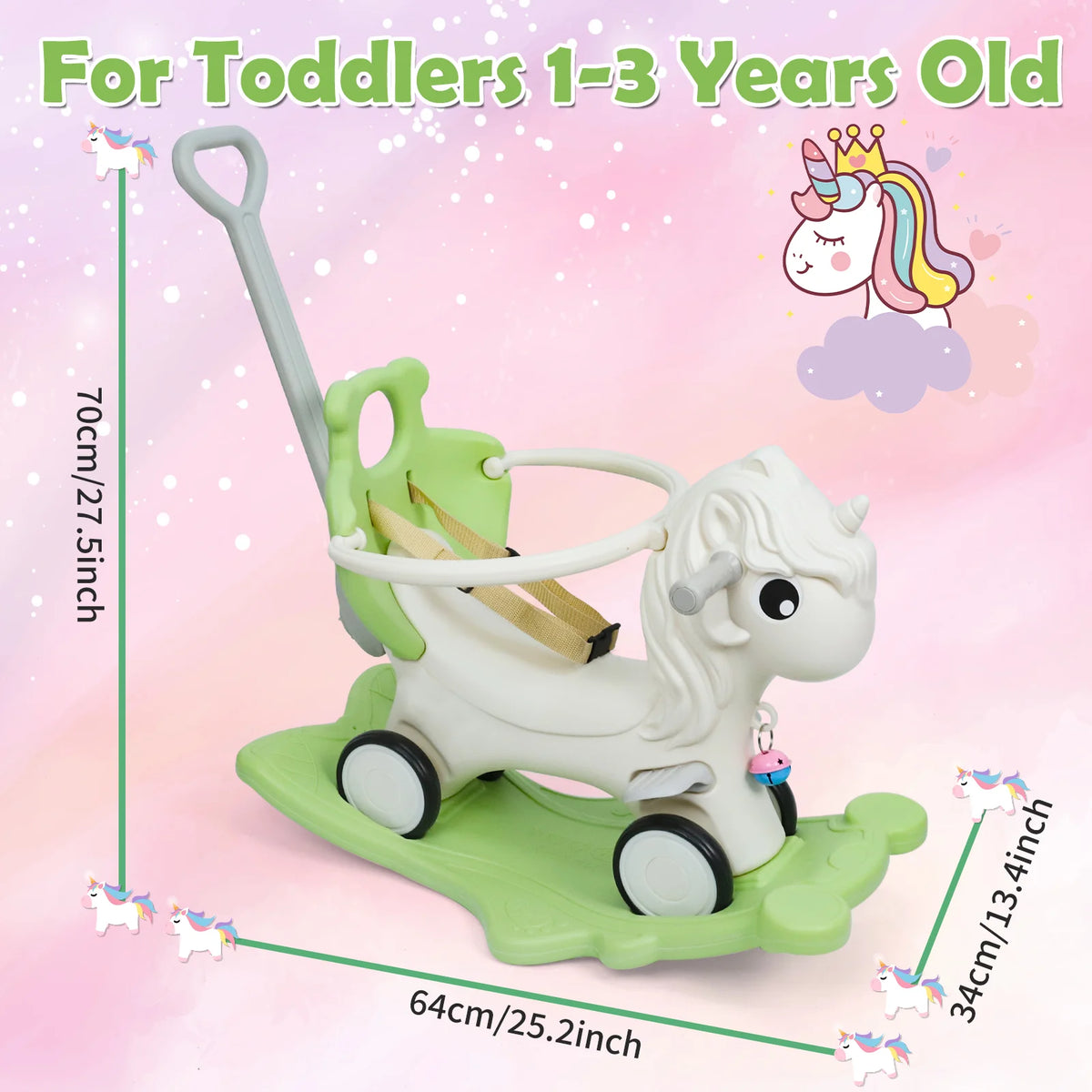 2 in 1 Convertible Unicorn Rocking Horse for Toddlers, Kids Ride On Toy with Anti-Fall Guardrail and Safety Belt, Baby Birthday Gift for 12-36 Months