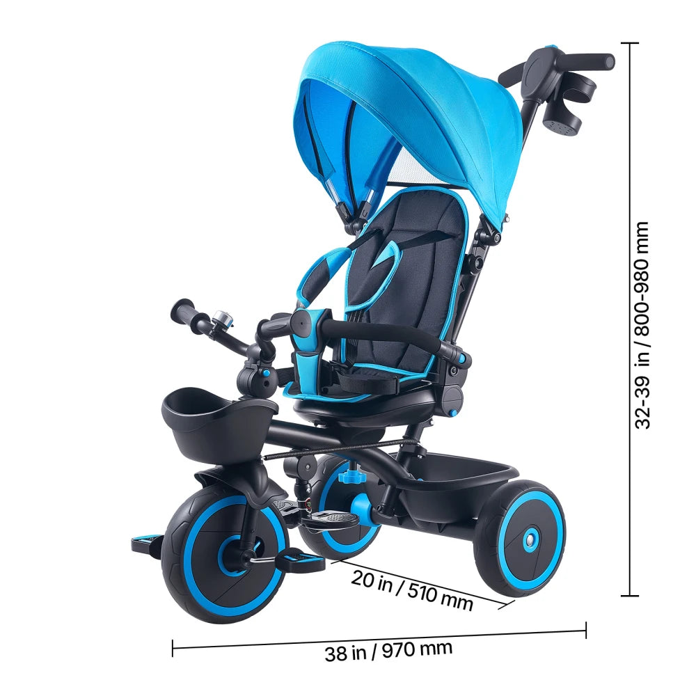 Toddler Tricycle & Stroller for 1-5 Year Old, 6-in-1 Kids Trike with Parent Push Handle, Canopy, Adjustable Seat and Storage, Tricycle for Toddlers, Birthday Toy for Boys and Girls, Blue/Black