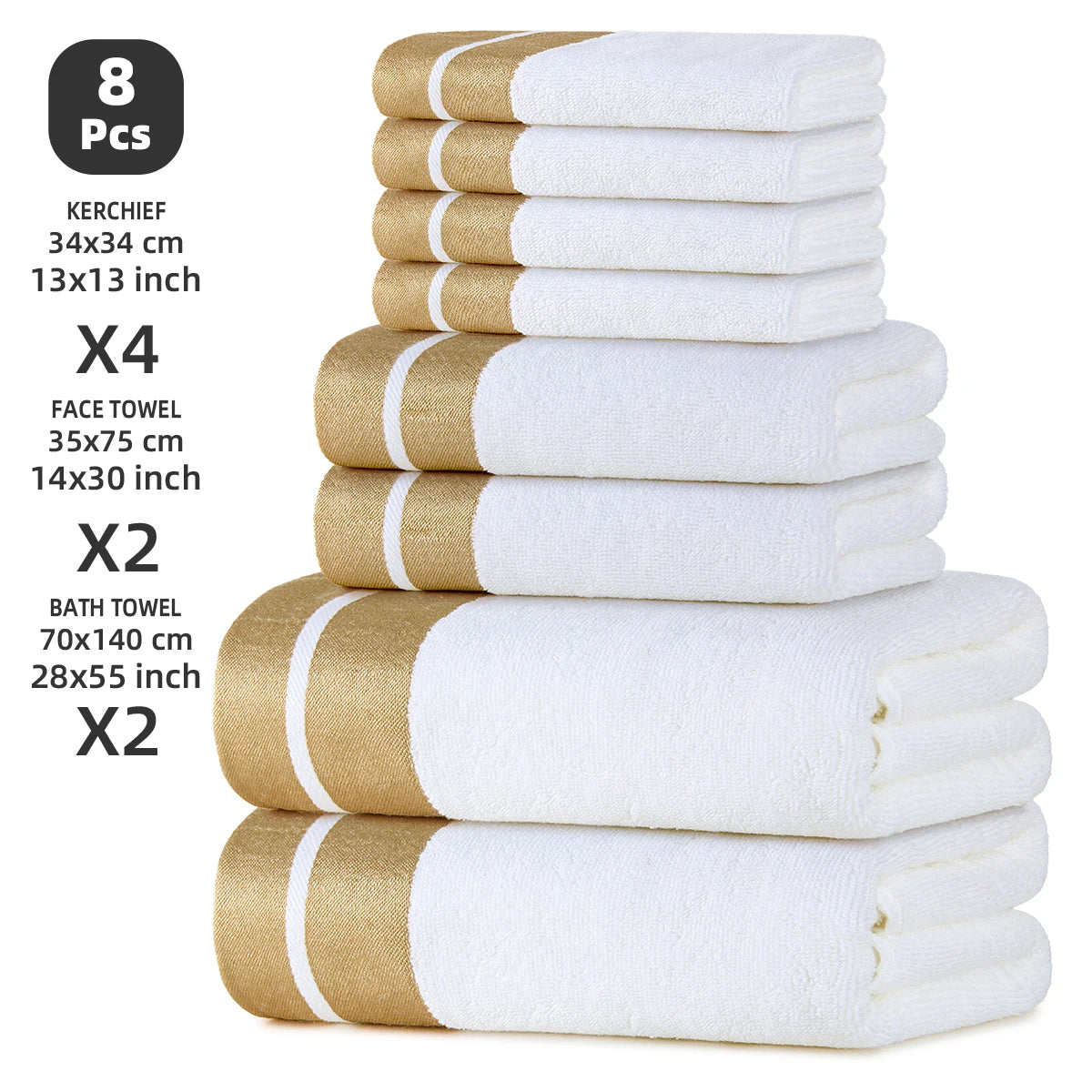8-Piece Luxury Pure Cotton Bath Towel Set, 2 Bath Towels + 2 Face Towels + 4 Washcloths, Soft and Comfortable, Highly Absorbent, 100% Cotton Towels, Bathroom Decoration Accessories, Everyday Use Towels