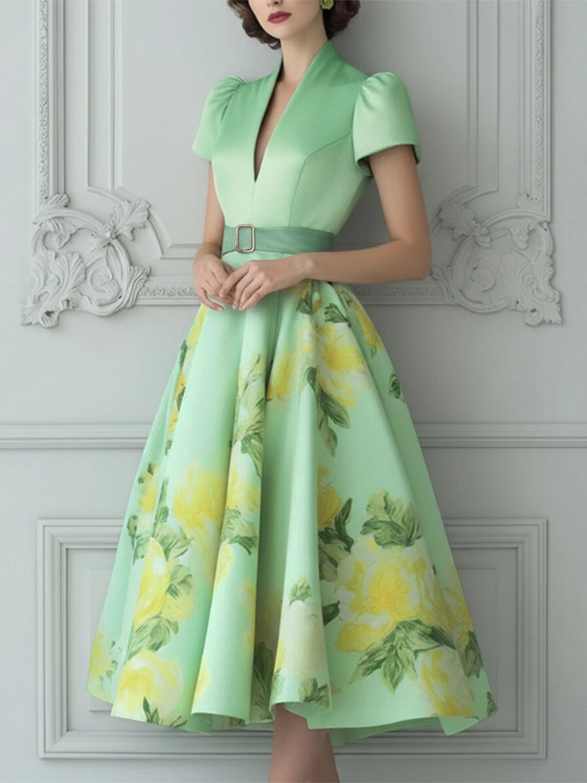 Women Stand Collar Short Puff Sleeve Floral Print Flared Hem Midi Dress Formal Wedding Guest Elegant Swing Dress