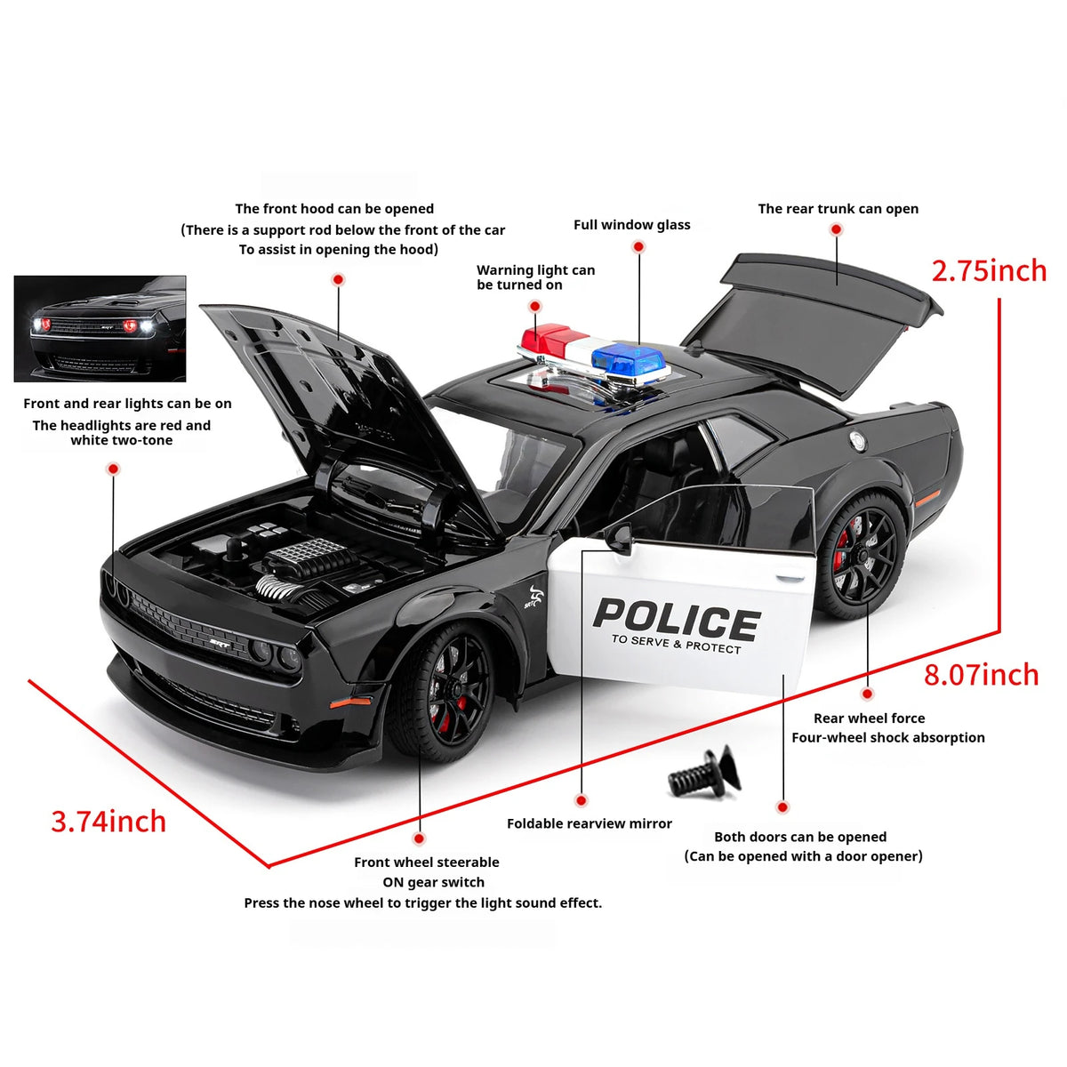Challenger SRT Hellcat Police Diecast Model Car With Sound Lights